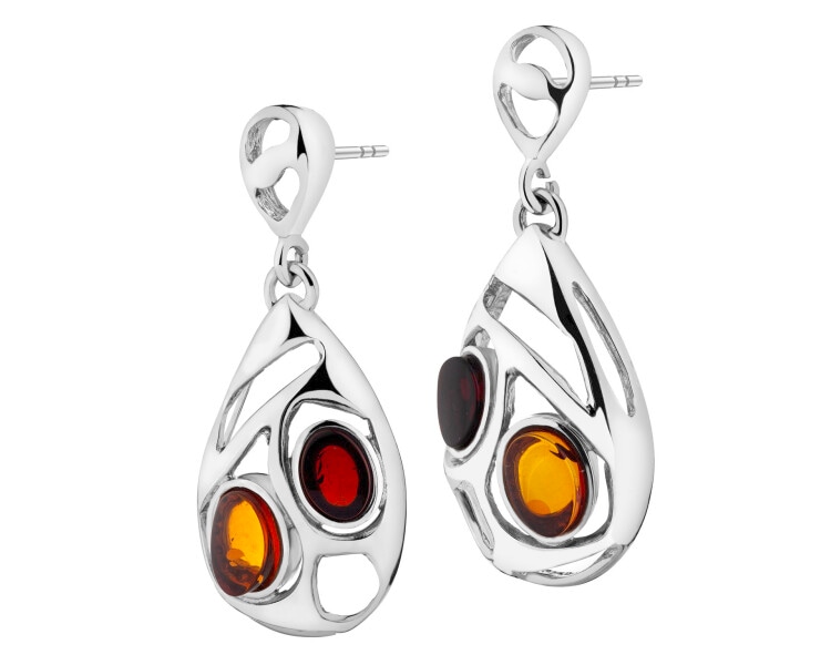 Rhodium Plated Silver Dangling Earring with Amber