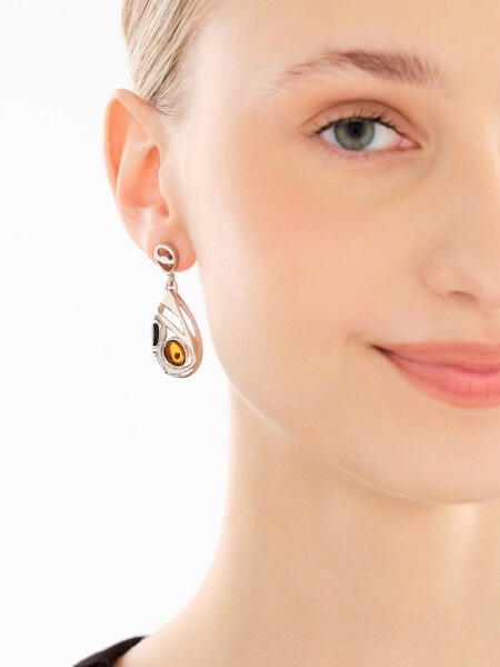 Rhodium Plated Silver Dangling Earring with Amber