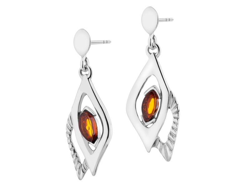 Rhodium Plated Silver Dangling Earring with Amber