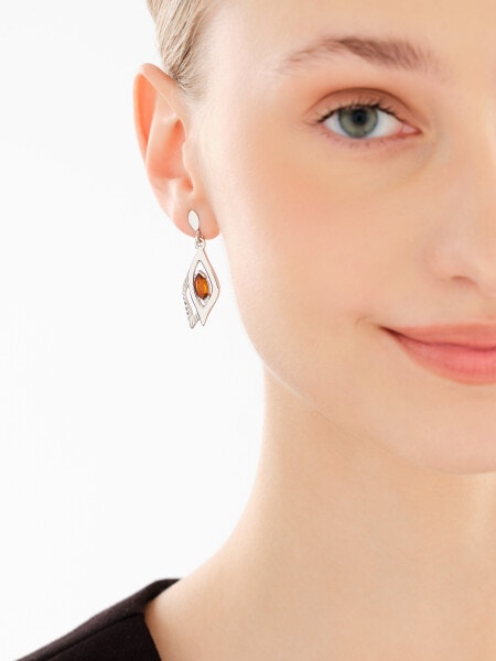 Rhodium Plated Silver Dangling Earring with Amber