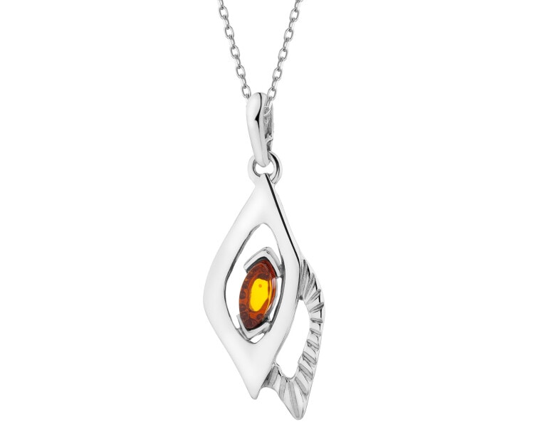 Rhodium Plated Silver Pendant with Amber