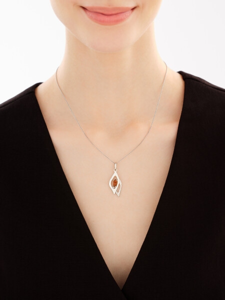Rhodium Plated Silver Pendant with Amber