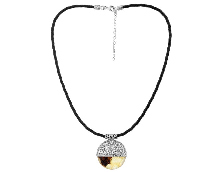 Rhodium Plated Silver Necklace with Amber