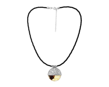Rhodium Plated Silver Necklace with Amber