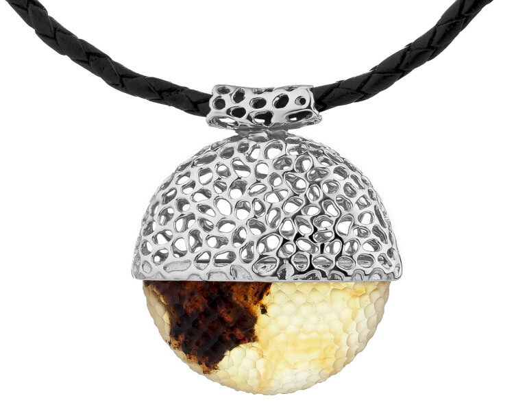 Rhodium Plated Silver Necklace with Amber