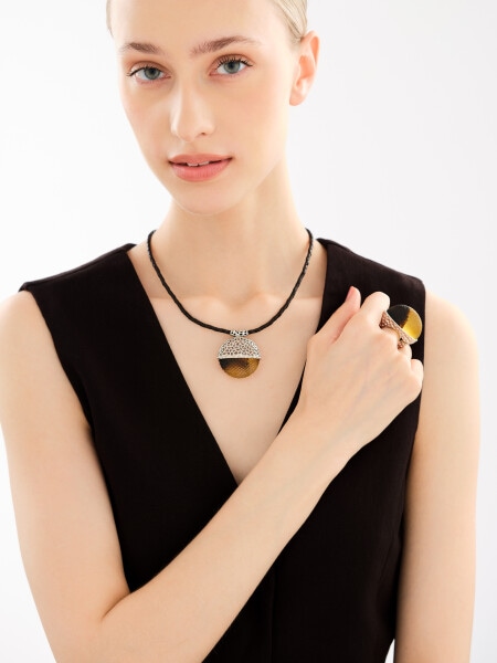 Rhodium Plated Silver Necklace with Amber