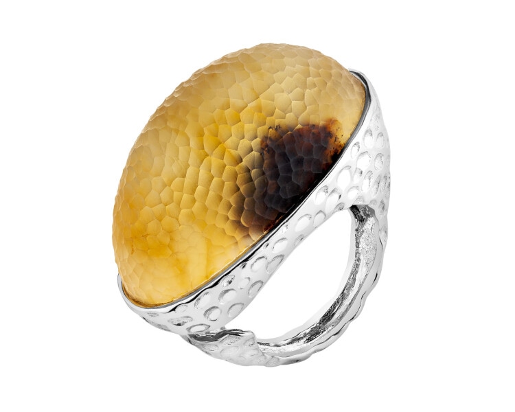 Rhodium Plated Silver Ring with Amber