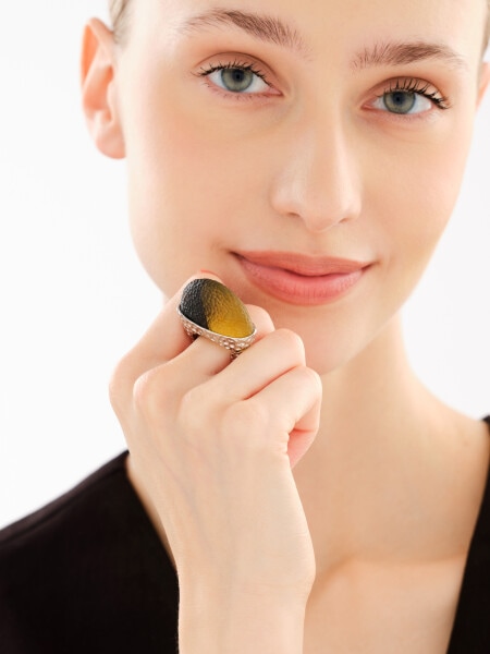 Rhodium Plated Silver Ring with Amber