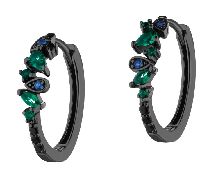 Silver Plated With Black Rhodium Hoop Earring with Cubic Zirconia