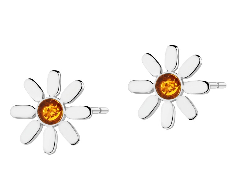 Rhodium Plated Silver Earrings with Amber