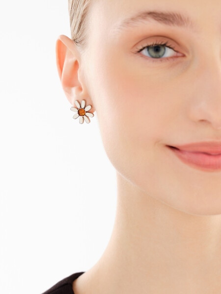 Rhodium Plated Silver Earrings with Amber