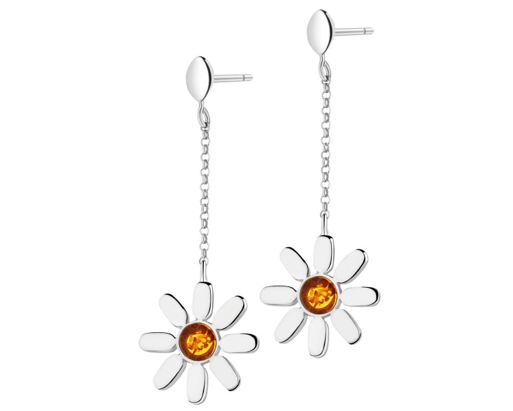 Rhodium Plated Silver Dangling Earring with Amber