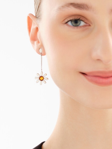 Rhodium Plated Silver Dangling Earring with Amber