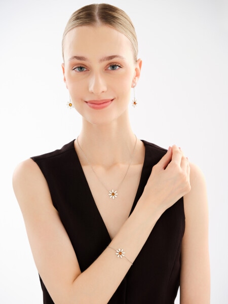 Rhodium Plated Silver Dangling Earring with Amber