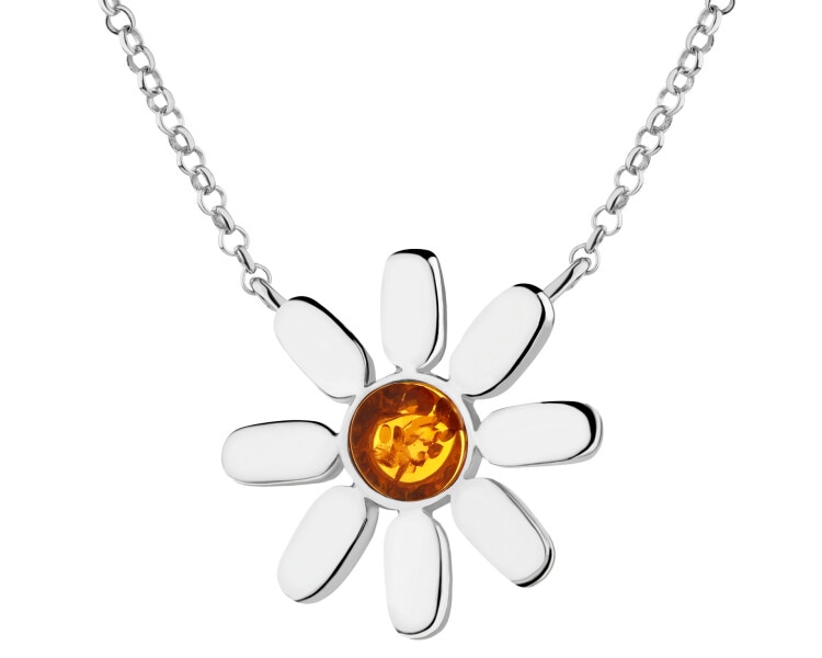Rhodium Plated Silver Necklace with Amber