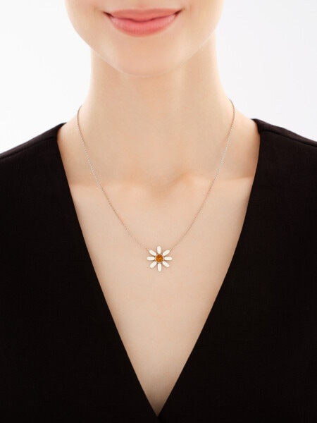 Rhodium Plated Silver Necklace with Amber