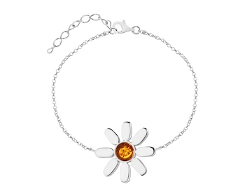 Stříbrný náramek s jantarem - květ