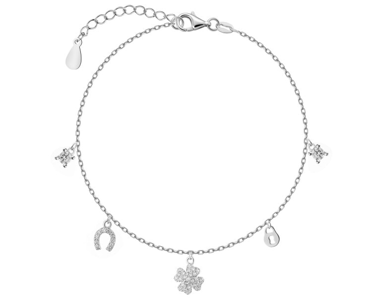 Bransoletka srebrna z cyrkoniami - koniczyna, podkowa, kłódka