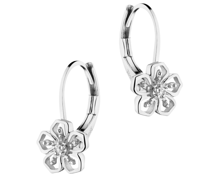 Kolczyki z białego złota z diamentami - kwiaty - 0,01 ct - próba 750