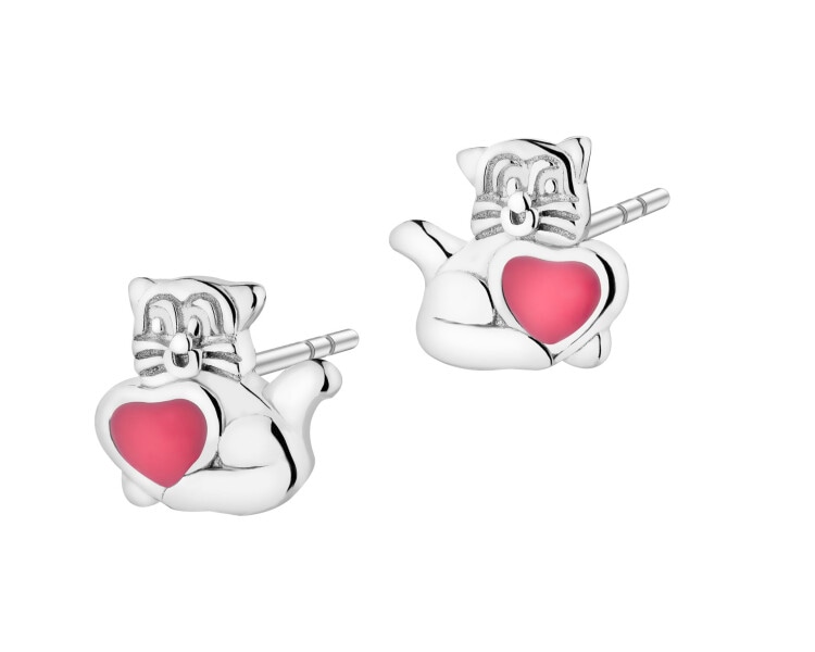 Kolczyki srebrne z emalią - koty, serca