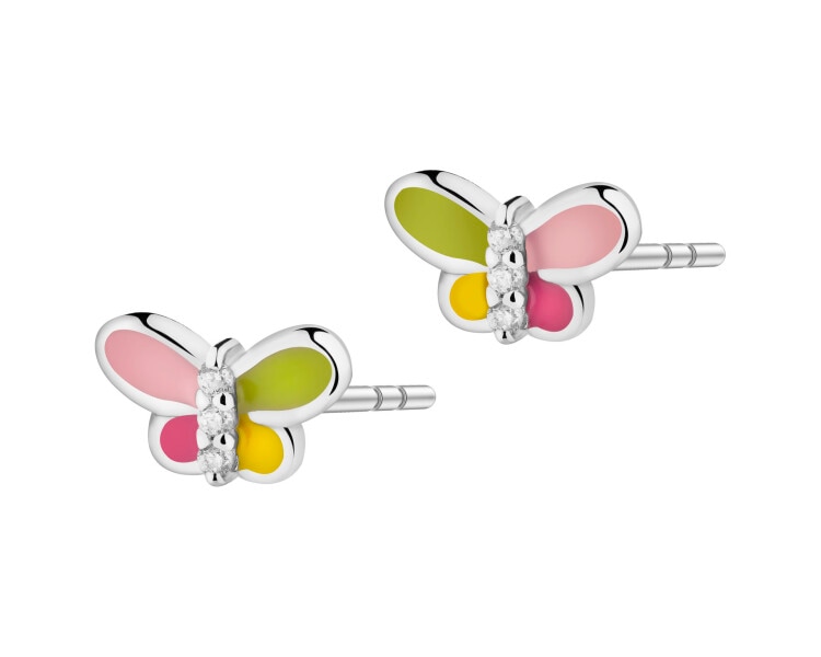Kolczyki srebrne z cyrkoniami i emalią - motyle