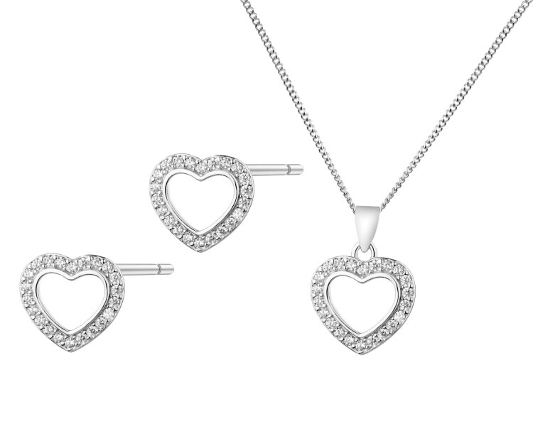 Srebrne kolczyki i zawieszka z cyrkoniami, łańcuszek - komplet - serca