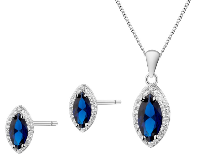 Srebrne kolczyki i zawieszka z cyrkoniami, łańcuszek - komplet