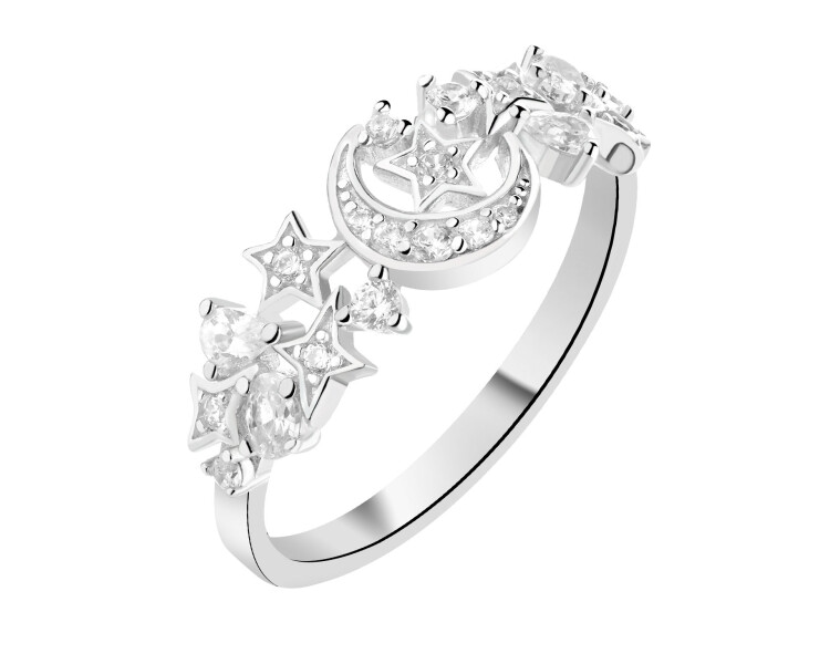 Pierścionek srebrny z cyrkoniami - Księżyc, gwiazdy