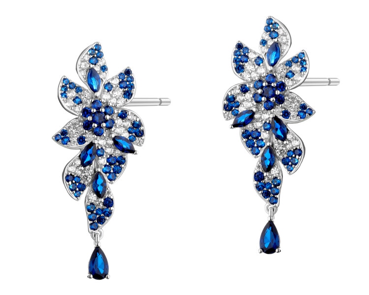 Kolczyki srebrne z cyrkoniami - kwiaty, liście