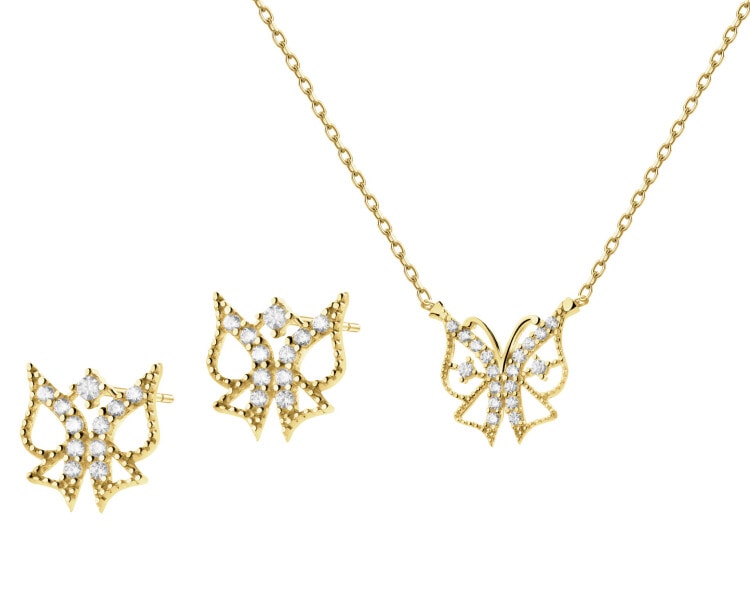 Złote kolczyki i naszyjnik z cyrkoniami - komplet - motyle