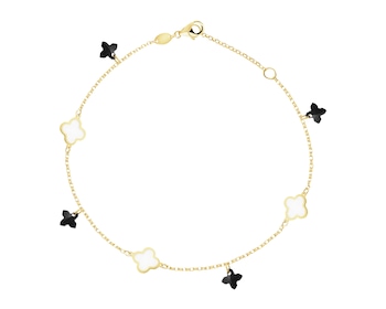 Złota bransoletka z masą perłową i onyksami syntetycznymi -  koniczyny