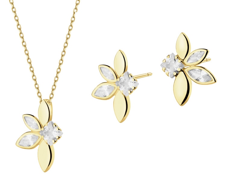 Złote kolczyki i zawieszka z cyrkoniami - komplet - kwiaty