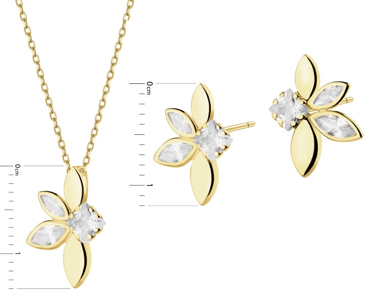Złote kolczyki i zawieszka z cyrkoniami - komplet - kwiaty