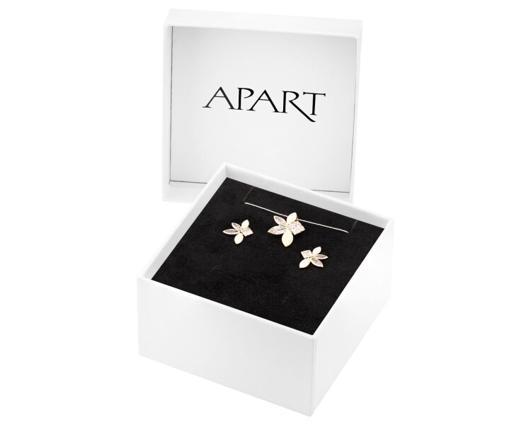 Złote kolczyki i zawieszka z cyrkoniami - komplet - kwiaty