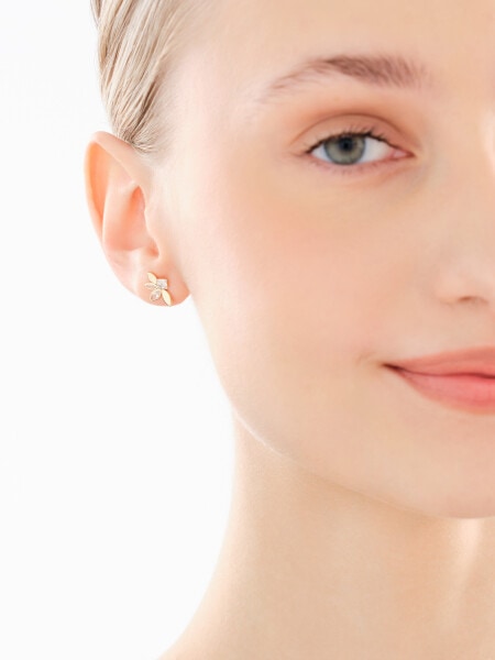 Złote kolczyki i zawieszka z cyrkoniami - komplet - kwiaty