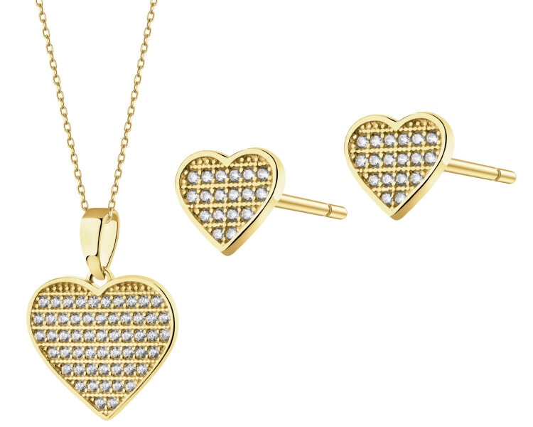 Złote kolczyki i zawieszka z cyrkoniami - komplet - serca