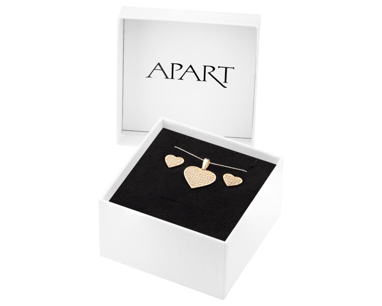 Złote kolczyki i zawieszka z cyrkoniami - komplet - serca