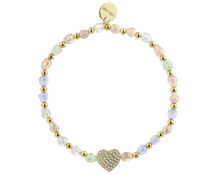 Bransoletka z mosiądzu pozłacana z cyrkoniami i szklanymi detalami - serce