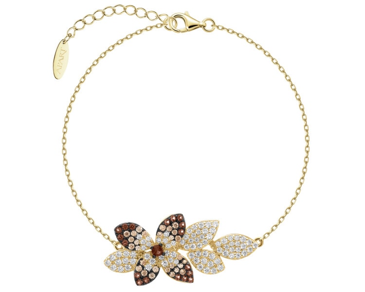 Pozlacený stříbrný náramek se zirkony - květ, listy