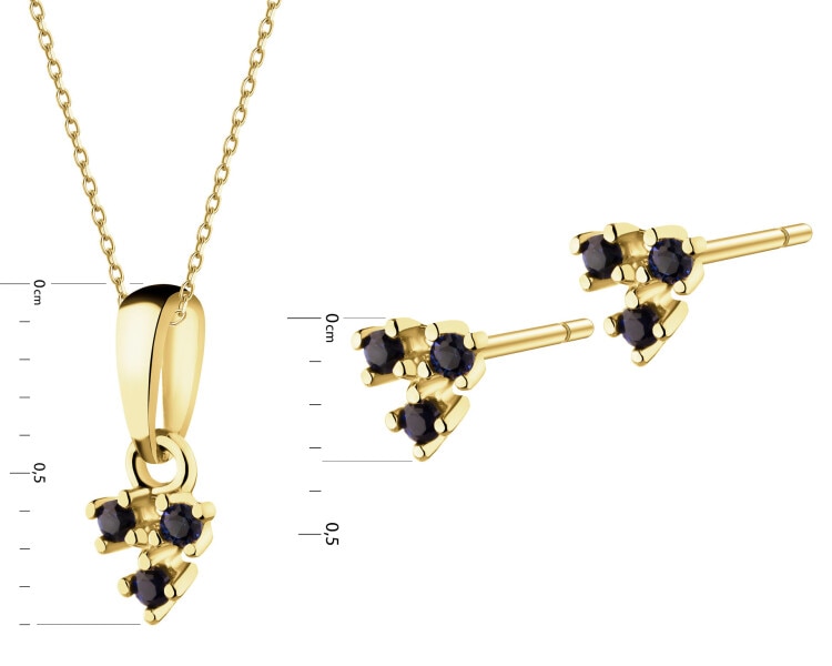 Złote kolczyki i zawieszka z szafirami syntetycznymi  - komplet