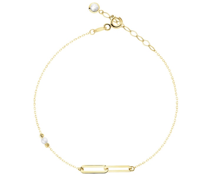 Zlatý náramek s perlou a zirkonem - paper clip