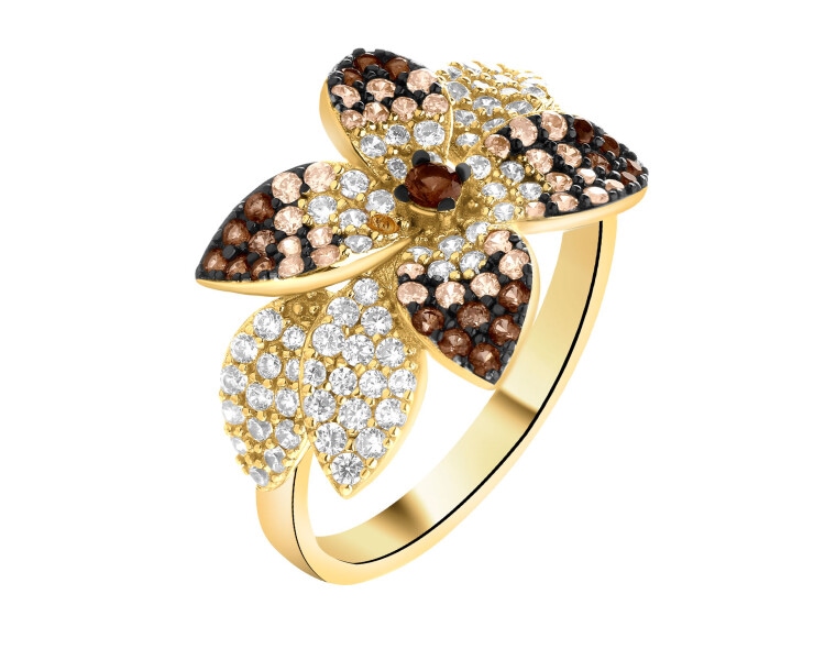 Pierścionek srebrny z cyrkoniami - kwiat, liście