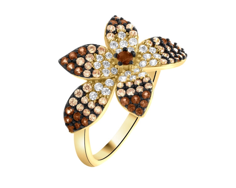 Pierścionek srebrny z cyrkoniami - kwiat, liście