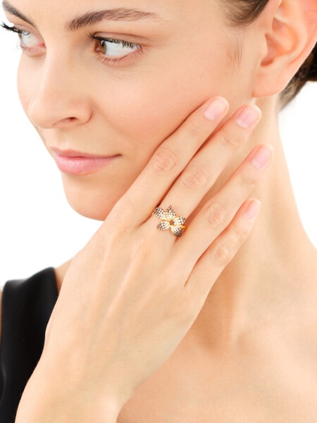 Pierścionek srebrny z cyrkoniami - kwiat, liście