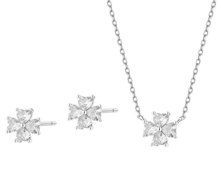Srebrne kolczyki i naszyjnik z cyrkoniami - komplet - koniczyny