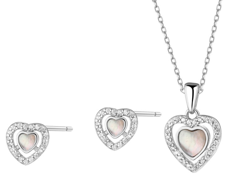 Srebrne kolczyki i zawieszka z cyrkoniami i masa perłową - komplet - serca