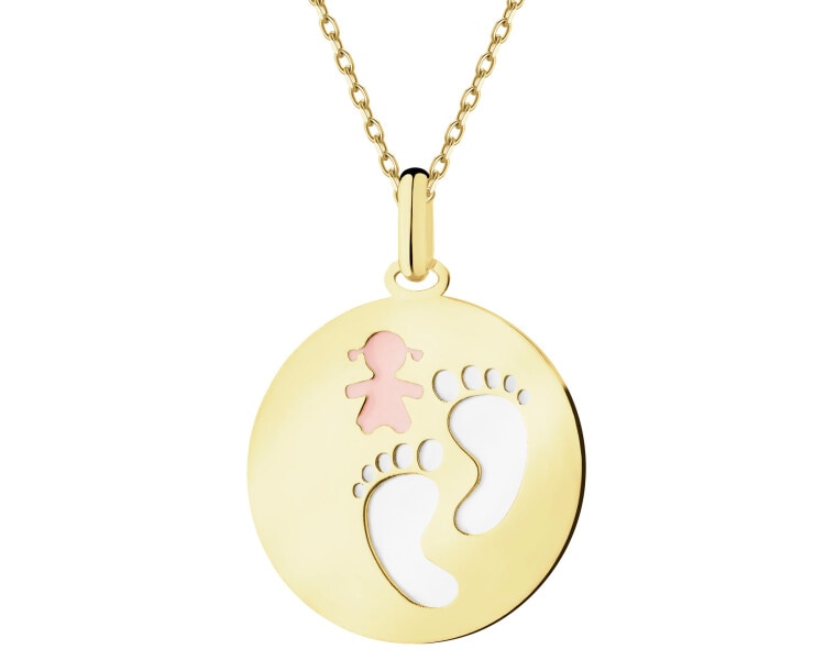 Złota zawieszka z emalią i masą perłową - stópki, dziewczynka