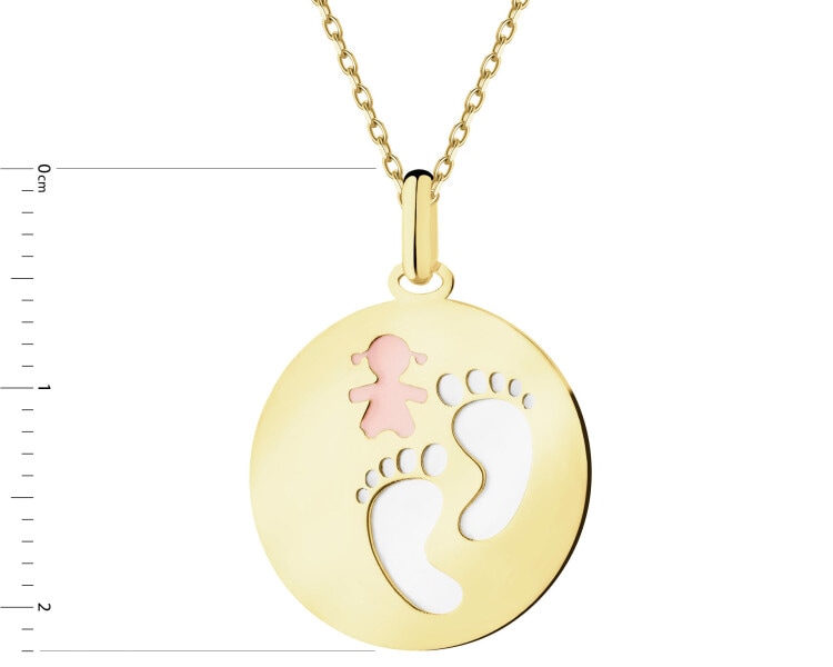 Złota zawieszka z emalią i masą perłową - stópki, dziewczynka