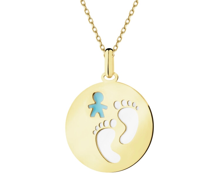 Złota zawieszka z emalią i masą perłową - stópki, chłopiec