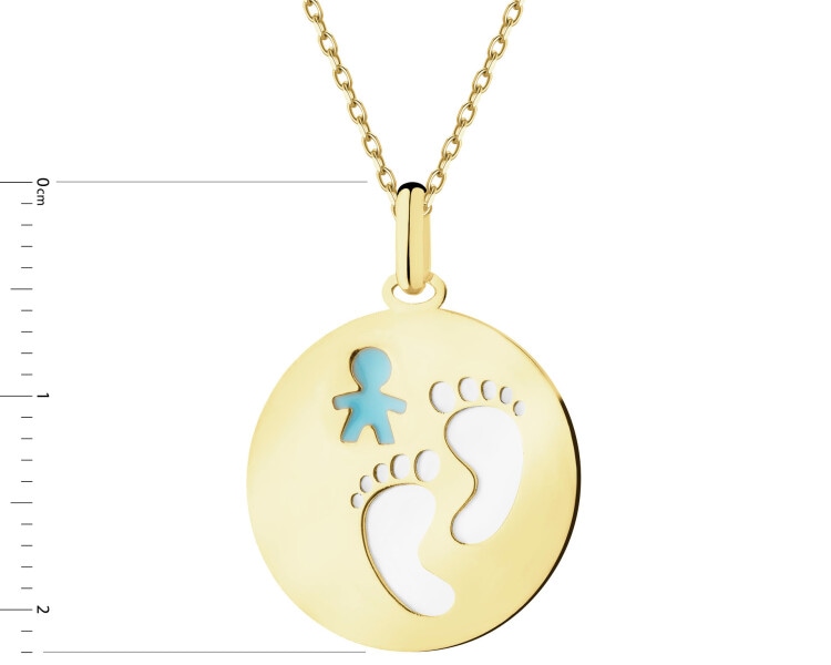 Złota zawieszka z emalią i masą perłową - stópki, chłopiec